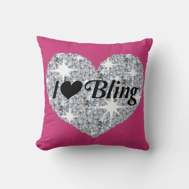 Hot Pink heart pillow with I love Bling (Front)