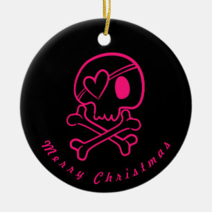 Hot Pink Heart Skull & Crossbones Ornament Round