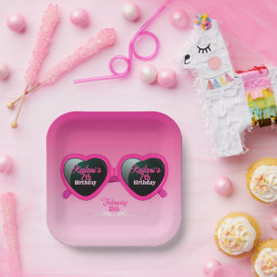 Hot Pink Heart Sunglasses Birthday Paper Plate