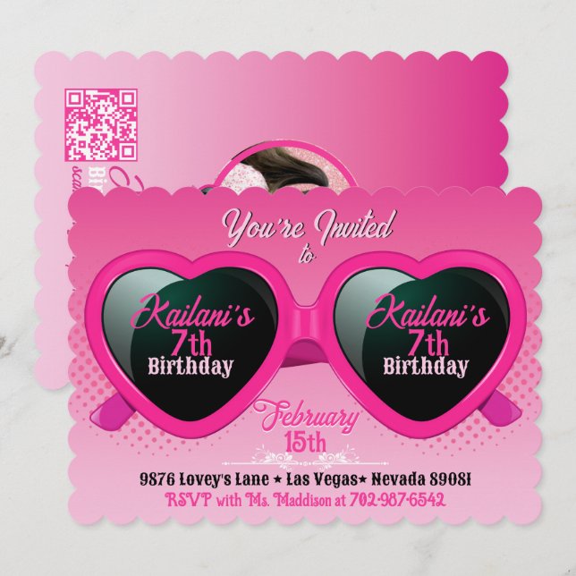 Hot Pink Heart Sunglasses Birthday Photo Invitation (Front/Back)