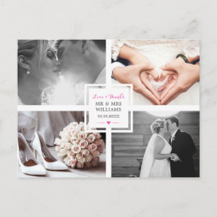 Hot Pink Heart Wedding Photo Collage Love & Thanks Postcard