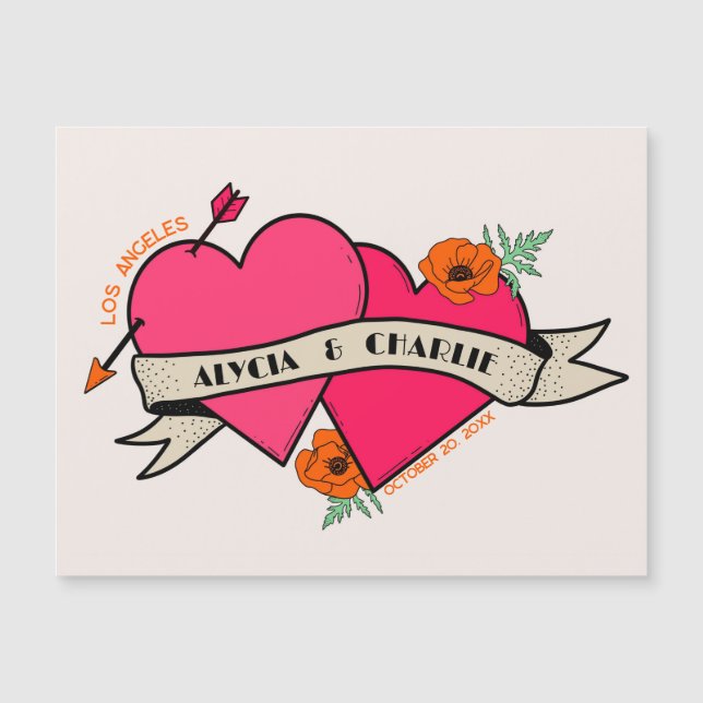 Hot pink Hearts magnetic invitation wedding (Front)