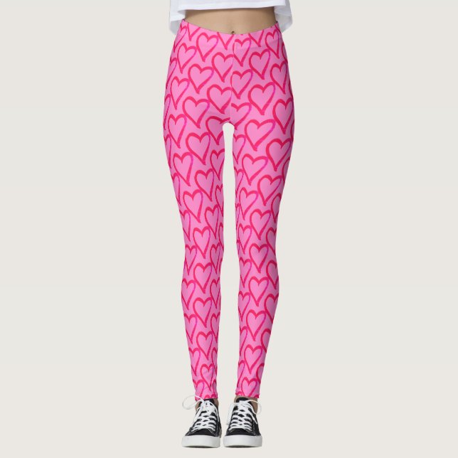 Hot Pink Hearts Pattern Leggings (Front)