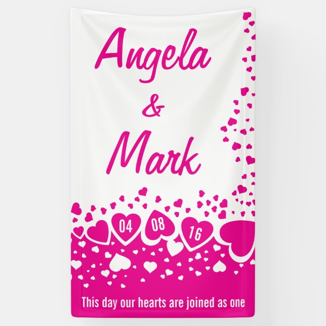 Hot Pink Hearts Personalised Wedding Banner (Vertical)