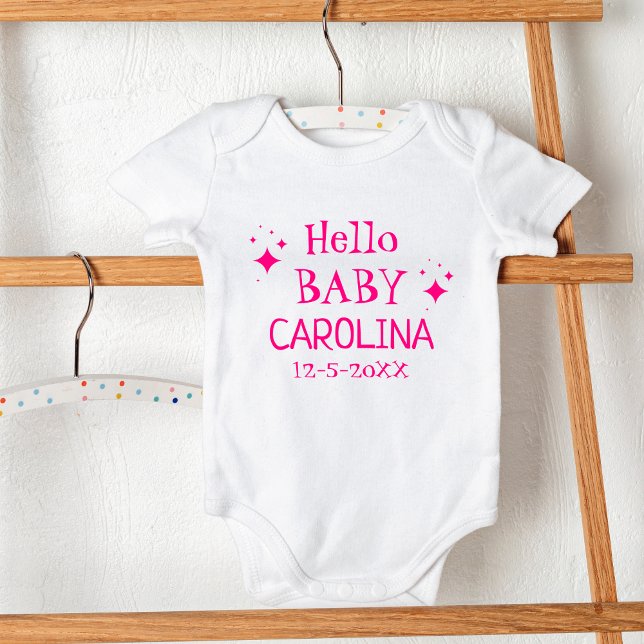 Hot Pink|Hello Baby|Child's Name|DOB  Baby Bodysuit (Add sparkle to your child's bodysuit with their name and DOB. Order now.)