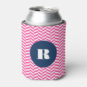 Hot Pink Herringbone Pattern Monogram  Can Cooler