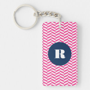 Hot Pink Herringbone Pattern Monogram Key Ring