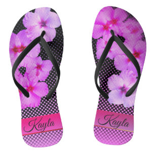 Hot Pink Hibiscus on Black and Pink Chequered Jandals