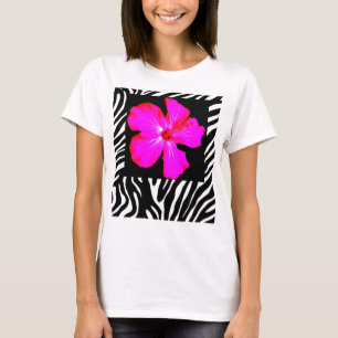 Hot Pink Hibiscus on Zebra Print t-shirt