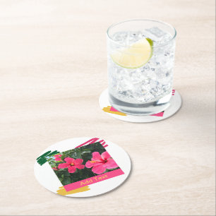 Hot Pink Hibiscus Round Paper Coaster