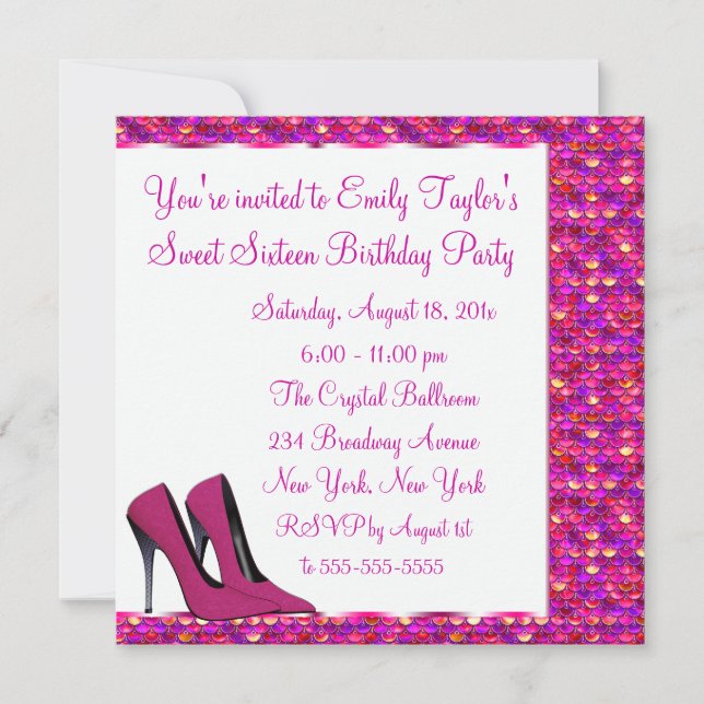 Hot Pink High Heel Pink Sequin Sweet Sixteen Party Invitation (Front)