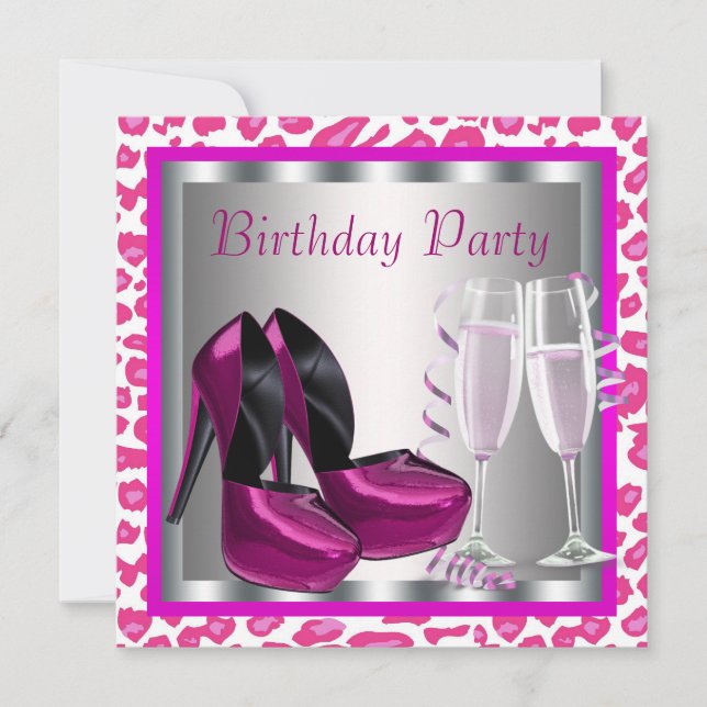 Hot Pink High Heel Shoes Womans Leopard Birthday Invitation (Front)