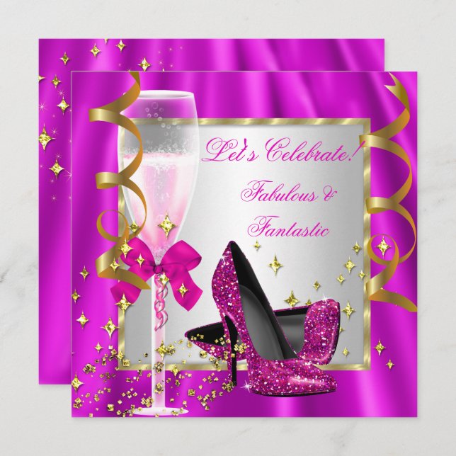 Hot Pink High Heels Silver Women's Birthday Party Invitation (Front/Back)