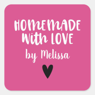 Hot Pink Homemade With Love Heart Square Sticker