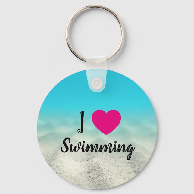 Hot Pink I Love Swimming Blue Underwater Photo Key Ring (Front)