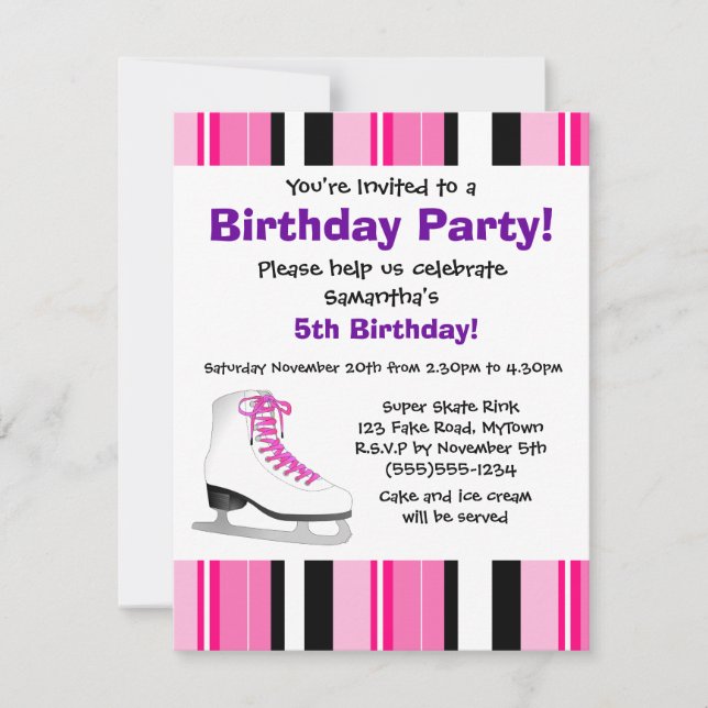 Hot Pink Ice Skating Birthday Party - Pink Stripe Invitation (Front)