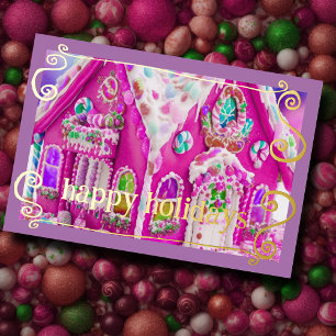 Hot Pink Iced Gingerbread House Candy Holiday Card