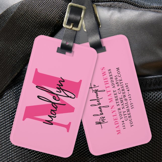 Hot Pink Initial Name Monogram Luggage Tag (Hot Pink Traveler Initial Name Monogram Luggage Tag)