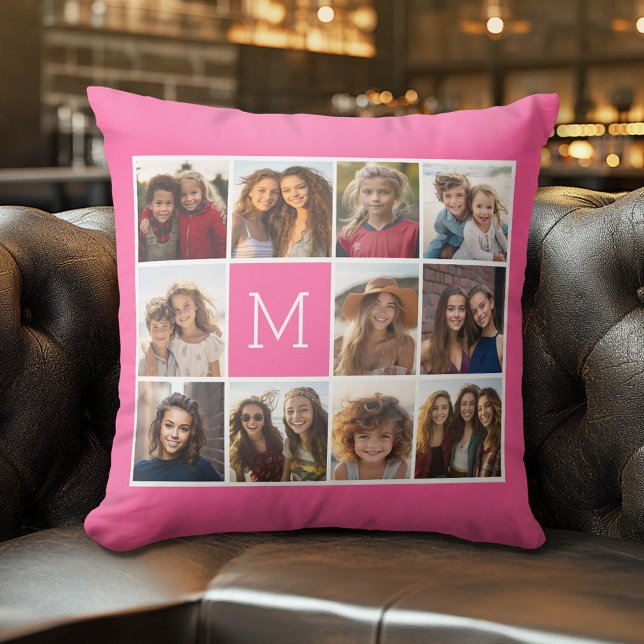 Hot Pink Instagram Photo Collage Custom Monogram Cushion (Custom Photo Pillow)
