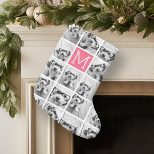 Hot Pink Instagram Photo Collage Custom Monogram Large Christmas Stocking