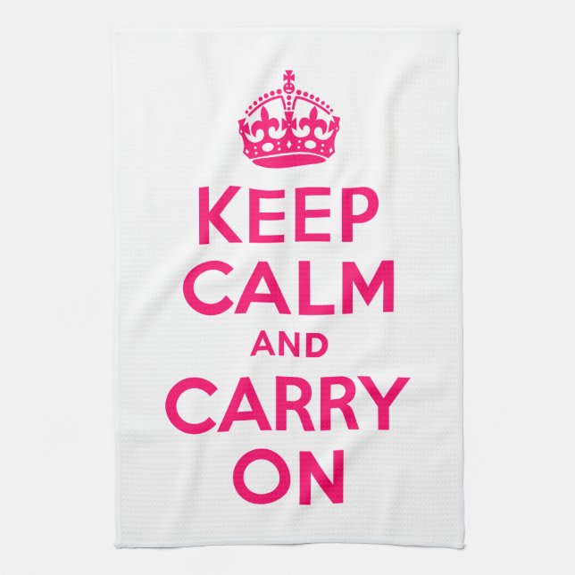 Hot Pink Keep Calm and Carry On Tea Towel (Vertical)