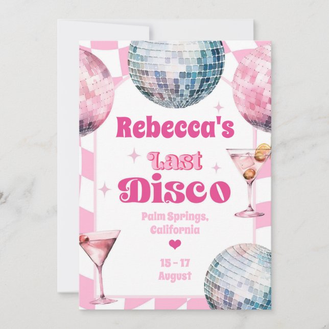 Hot Pink Last Disco Bachelorette Party Itinerary Invitation (Front)