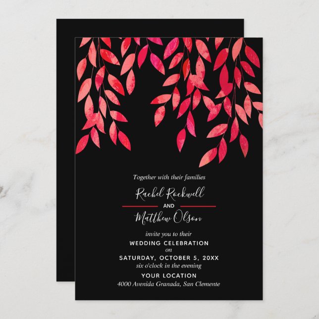 Hot Pink Leaves on Black Wedding Invitations (Front/Back)