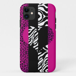 Hot Pink Leopard and Zebra Animal Print Heart iPhone 11 Case