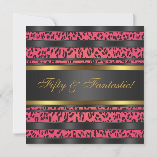 Hot Pink Leopard Gold Womans 50th Birthday Party Invitation (Front)
