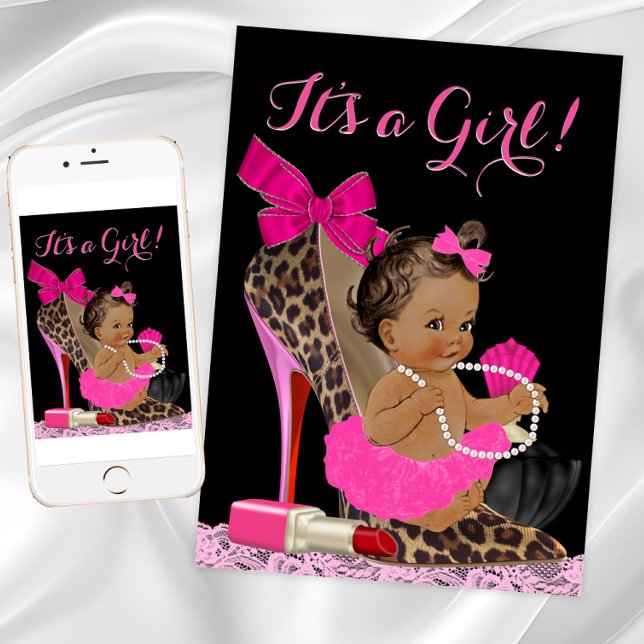 Hot Pink Leopard High Heel Shoe Ethnic Baby Shower Invitation (High heel shoe baby shower invitation. Instant download and printed invitations available.)