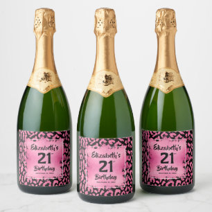 Hot Pink Leopard Print 21st Birthday Personalised Sparkling Wine Label