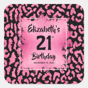 Hot Pink Leopard Print 21st Birthday Personalised Square Sticker