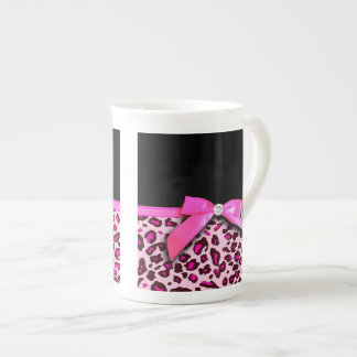 Hot pink leopard print ribbon bow graphic bone china mug