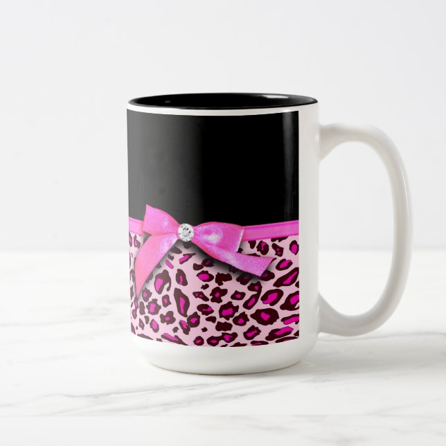 Hot pink leopard print ribbon bow graphic Two-Tone coffee mug (Right)