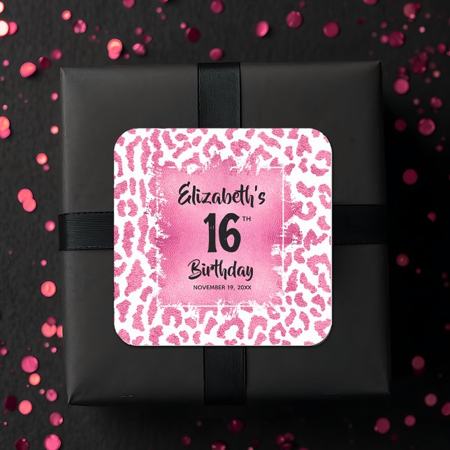 Hot Pink Leopard Sweet 16 Birthday Square Sticker (Hot pink and white leopard print Sweet 16 birthday square favor stickers)