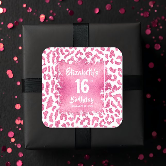 Hot Pink Leopard Sweet 16 Birthday Square Sticker (Hot pink and white leopard print Sweet 16 birthday square favor stickers)
