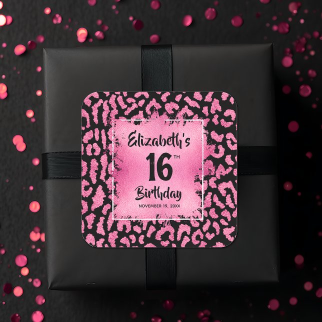 Hot Pink Leopard Sweet 16 Birthday Square Sticker (Hot pink and black leopard print Sweet 16 birthday square favor stickers)