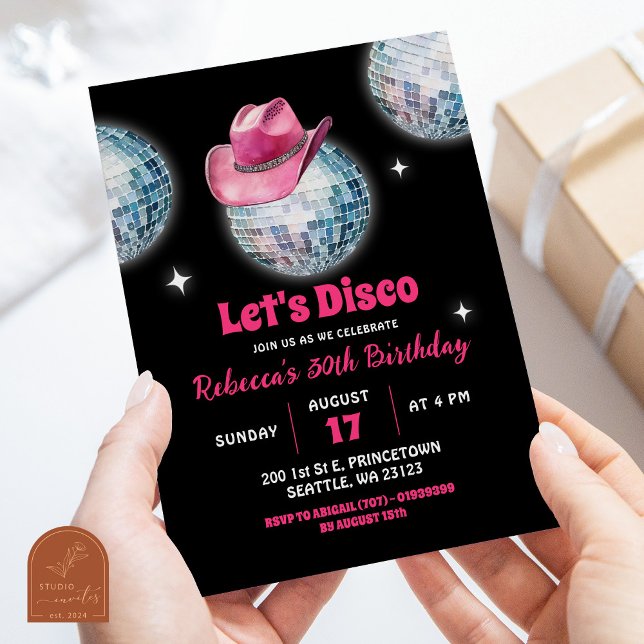 Hot Pink Let's Party Discoball Cowgirl Birthday Invitation (Creator Uploaded)
