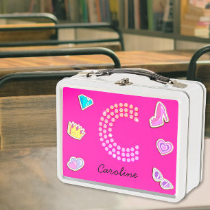 Hot Pink Letter C Monogram Girly Back To School Metal Lunch Box