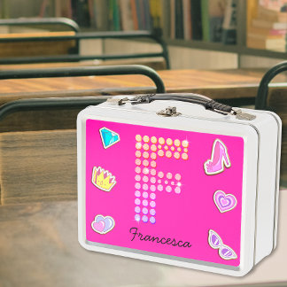 Hot Pink Letter F Monogram Girly Back To School Metal Lunch Box