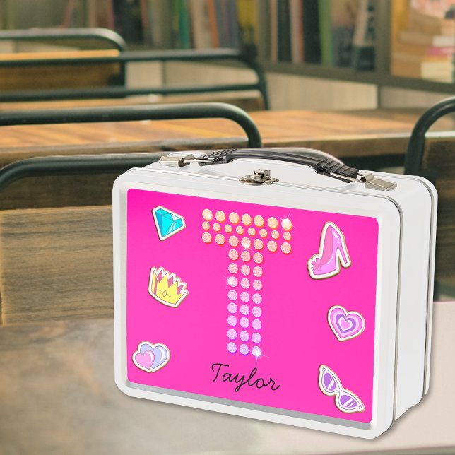 Hot Pink Letter T Monogram Girly Back To School Metal Lunch Box (Front)