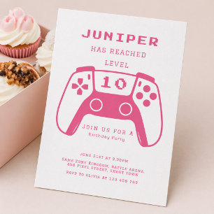 Hot Pink Level Up Gamer Girls Birthday Party Invitation