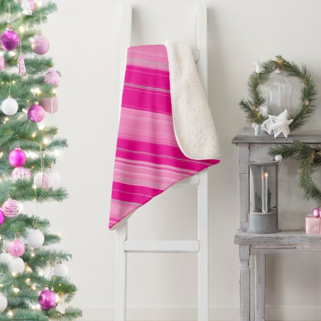 Hot Pink Light Pink & Silver Candy Cane Stripe Sherpa Blanket (Creator Uploaded)
