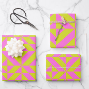 Hot Pink Lime Chartreuse Geometric Shape Pattern Wrapping Paper Sheet