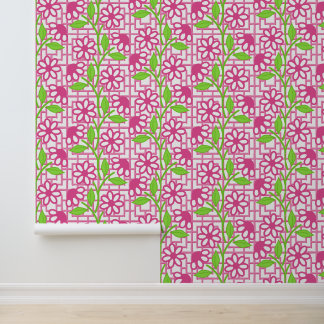 Hot Pink & Lime Floral on Bamboo Trellis Wallpaper
