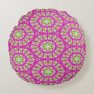 Hot Pink, Lime Green and White  Round Cushion