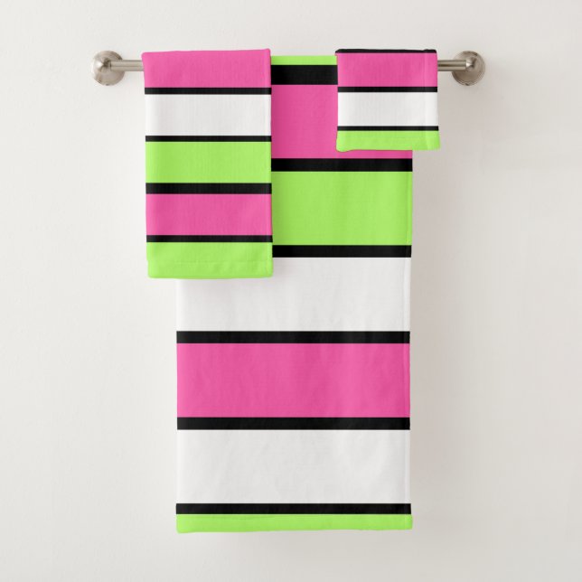 Hot Pink, Lime Green, Black and White Stripes Bath Towel Set (Insitu)