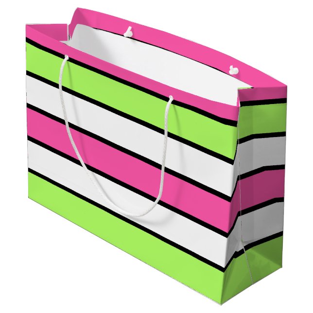 Hot Pink, Lime Green, Black and White Stripes Large Gift Bag (Back Angled)