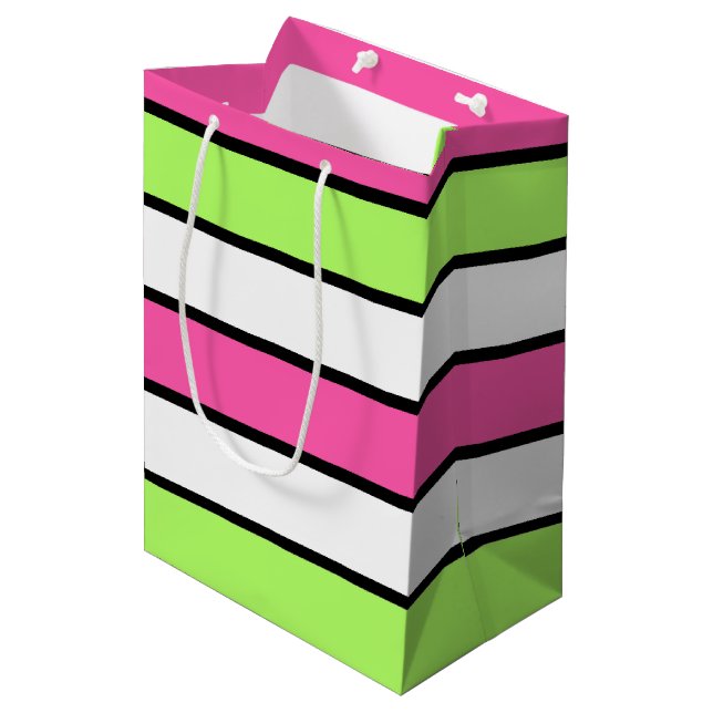 Hot Pink, Lime Green, Black and White Stripes Medium Gift Bag (Front Angled)