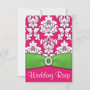 Hot Pink & Lime Green Damask Wedding RSVP Cards